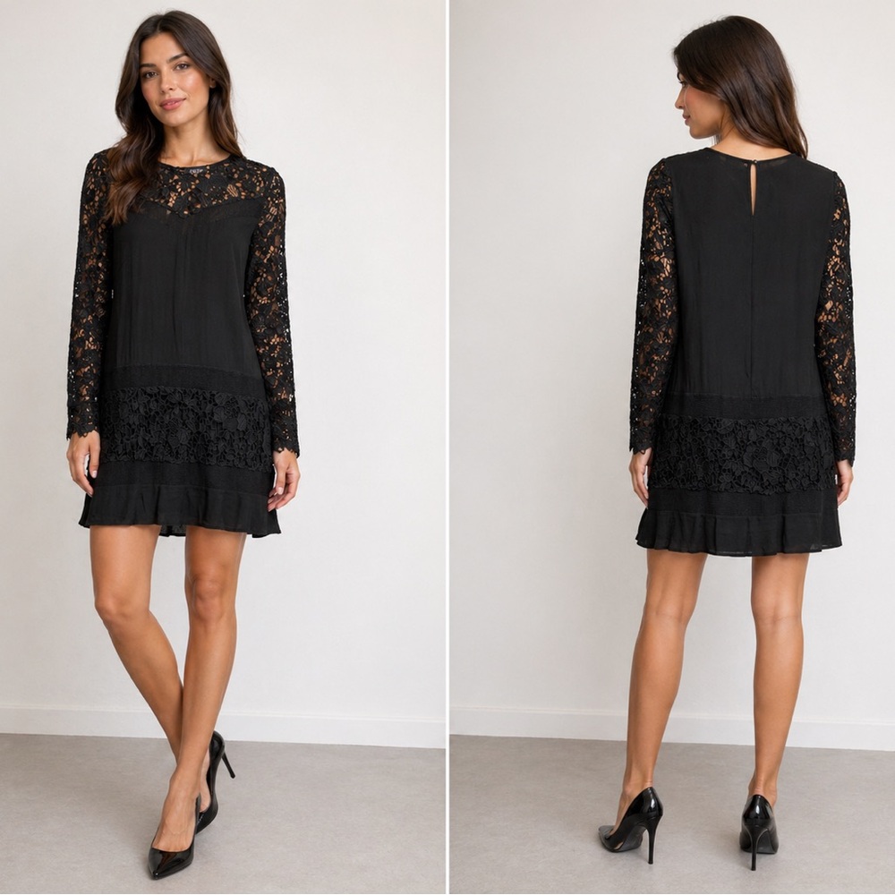 Astr Black Lace Yoke Long-Sleeve Mini‎ Dress S